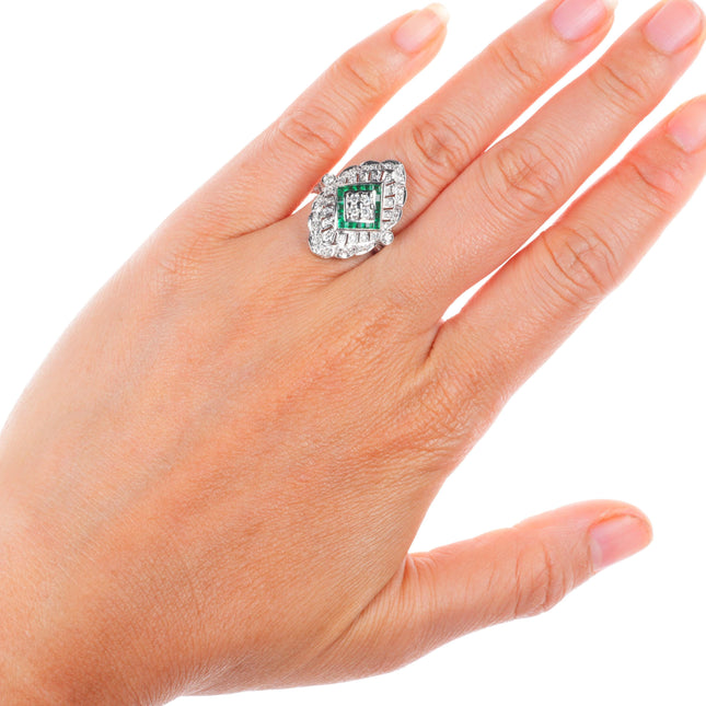 sz5 14k white gold Samuel Behnam Diamond - Emerald art deco style cocktail ring