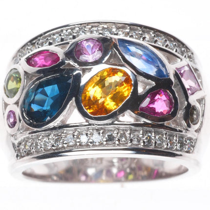 sz5 14K White Gold Multi Sapphire and Diamond Watercolors Ring