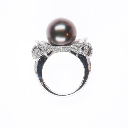 sz5 14K White Gold Samuel Behnam baguette Diamond ring with large Tahitian pearl