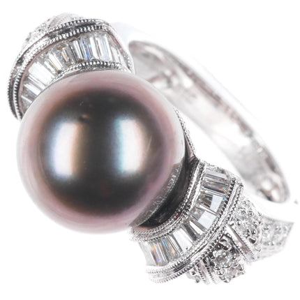 sz5 14K White Gold Samuel Behnam baguette Diamond ring with large Tahitian pearl