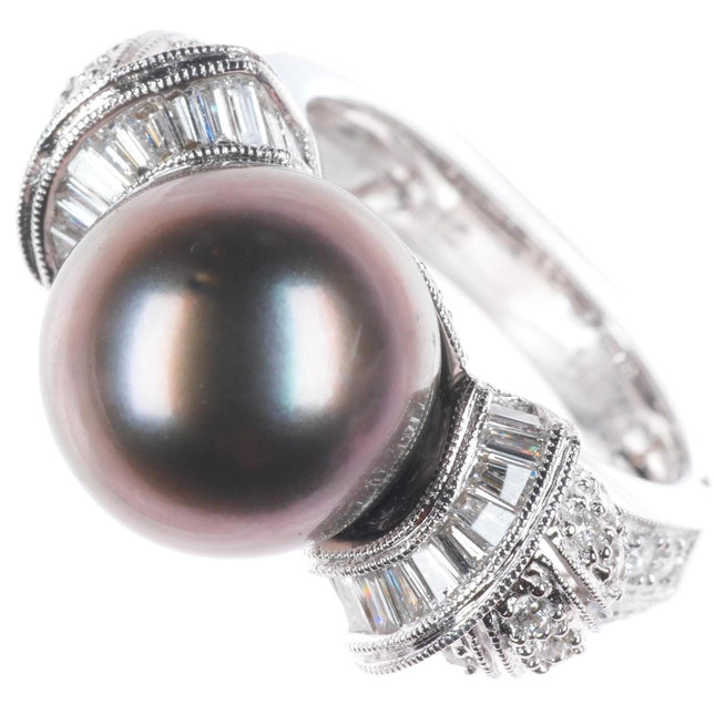 sz5 14K White Gold Samuel Behnam baguette Diamond ring with large Tahitian pearl