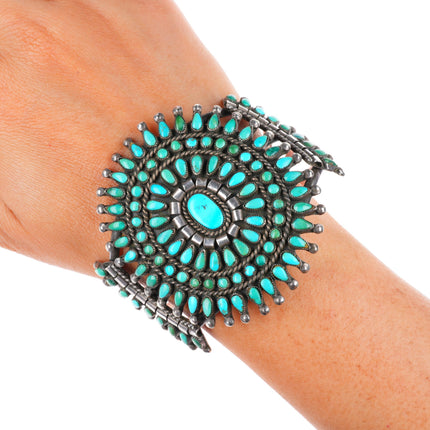 6.9" c1940's Zuni sterling silver petit point turquoise cluster cuff bracelet