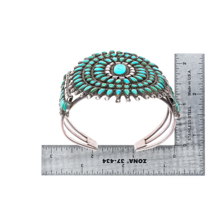 6.9" c1940's Zuni sterling silver petit point turquoise cluster cuff bracelet