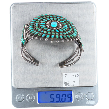 6.9" c1940's Zuni sterling silver petit point turquoise cluster cuff bracelet