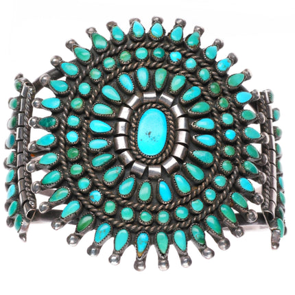 6.9" c1940's Zuni sterling silver petit point turquoise cluster cuff bracelet