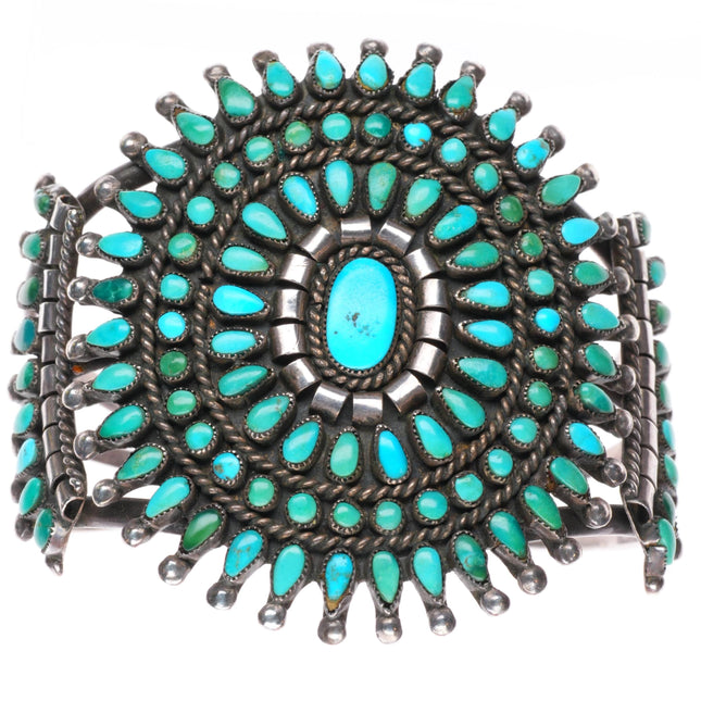 6.9" c1940's Zuni sterling silver petit point turquoise cluster cuff bracelet
