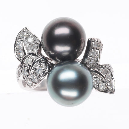 sz5  14k white gold, Diamond, Tahitian pearl cocktail ring