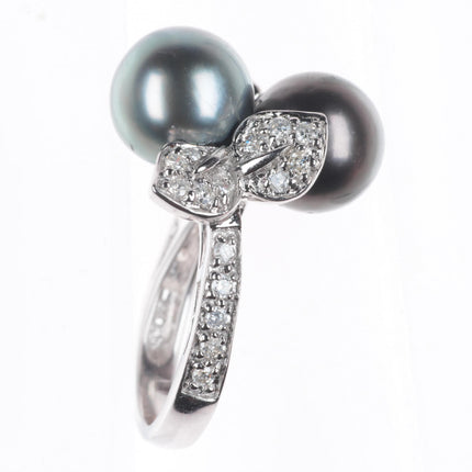 sz5  14k white gold, Diamond, Tahitian pearl cocktail ring