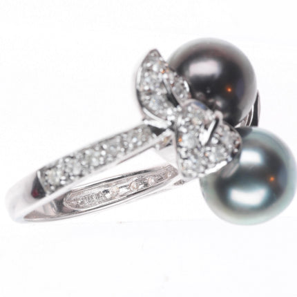 sz5  14k white gold, Diamond, Tahitian pearl cocktail ring