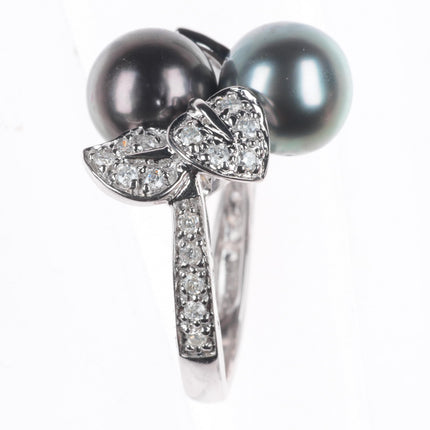 sz5  14k white gold, Diamond, Tahitian pearl cocktail ring