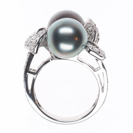 sz5  14k white gold, Diamond, Tahitian pearl cocktail ring