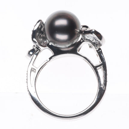 sz5  14k white gold, Diamond, Tahitian pearl cocktail ring
