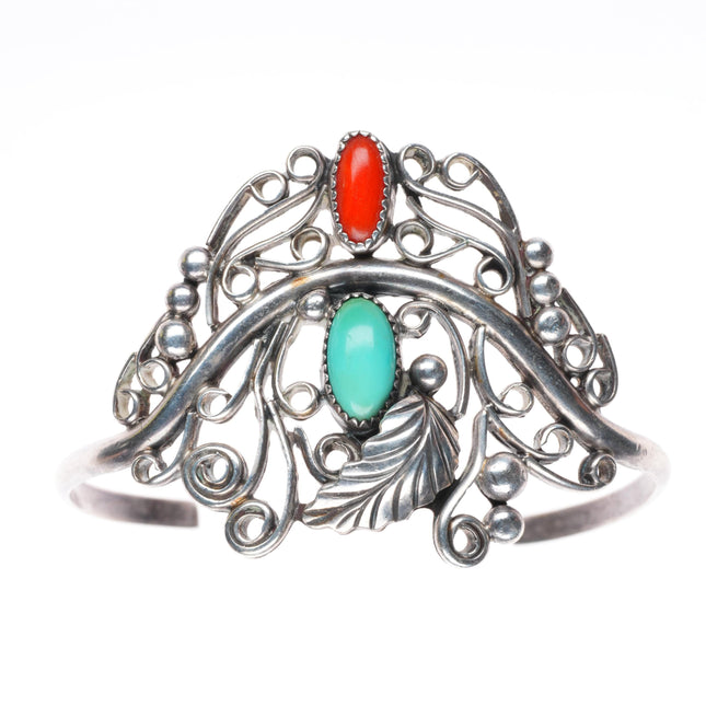 6" Vintage Navajo sterling silver turquoise and coral filigree cuff bracelet