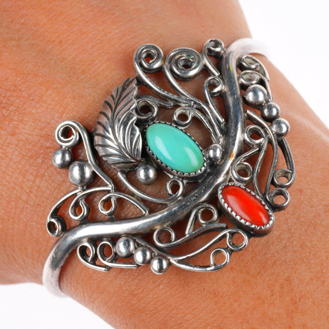 6" Vintage Navajo sterling silver turquoise and coral filigree cuff bracelet