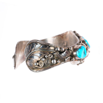 6.9" PM Navajo sterling silver intricate featherwork turquoise cuff bracelet