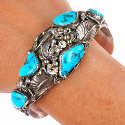 6.9" PM Navajo sterling silver intricate featherwork turquoise cuff bracelet