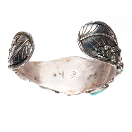 6.9" PM Navajo sterling silver intricate featherwork turquoise cuff bracelet