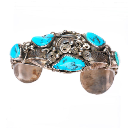6.9" PM Navajo sterling silver intricate featherwork turquoise cuff bracelet