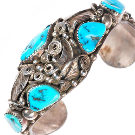 6.9" PM Navajo sterling silver intricate featherwork turquoise cuff bracelet