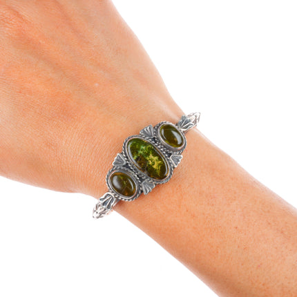 6.2" c1940 Navajo deep stamped carinated sterling silver turquoise cuff bracelet