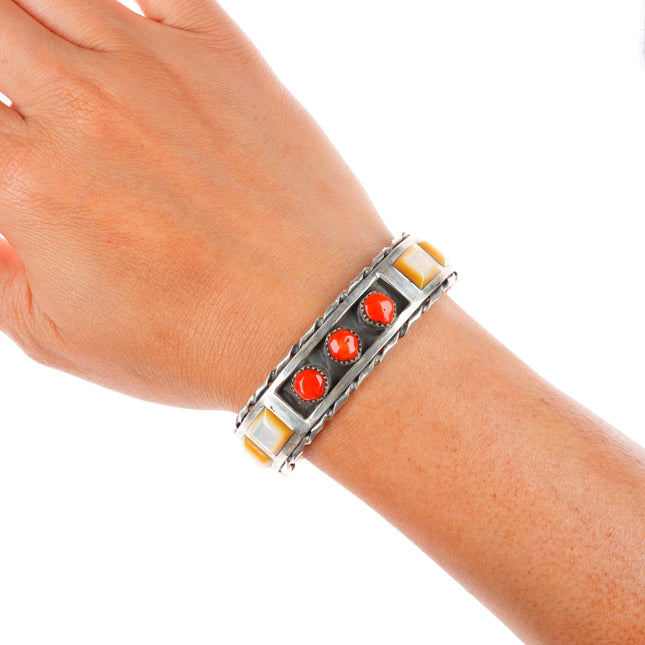 6.25" Myron Panteah Zuni sterling silver vintage coral/shell cuff bracelet