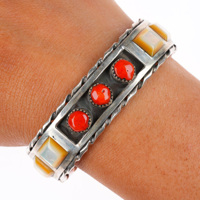 6.25" Myron Panteah Zuni sterling silver vintage coral/shell cuff bracelet