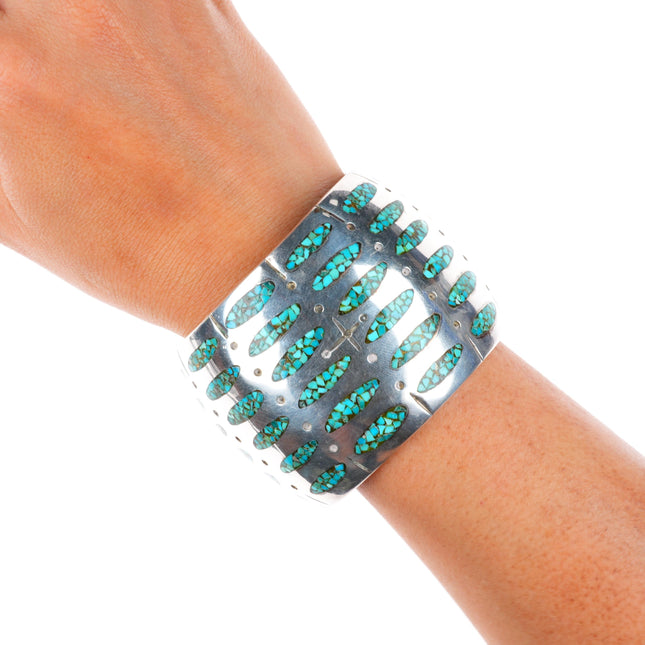 6.9 Vintage RS Navajo sterling silver wide turquoise chip inlay cuff bracelet