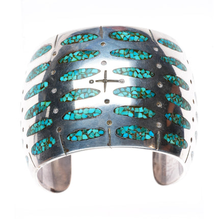 6.9 Vintage RS Navajo sterling silver wide turquoise chip inlay cuff bracelet