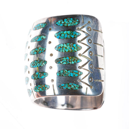 6.9 Vintage RS Navajo sterling silver wide turquoise chip inlay cuff bracelet