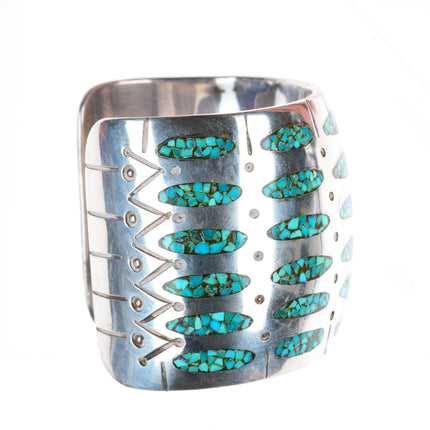 6.9 Vintage RS Navajo sterling silver wide turquoise chip inlay cuff bracelet