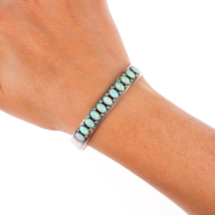 6.3" Paul Livingston Navajo sterling silver lab opal row cuff bracelet