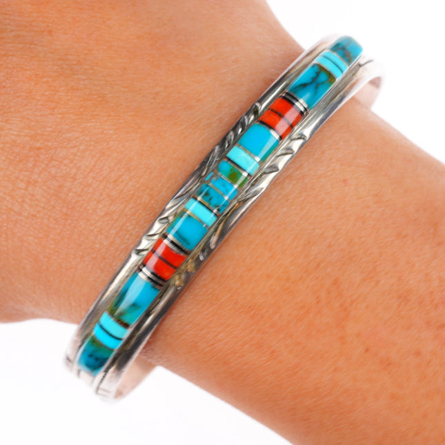 6.8" Vintage BL Native American sterling silver multi-stone inlay cuff bracelet