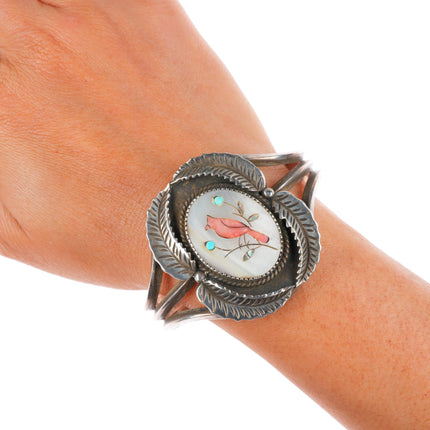 6.4" Vintage EL Navajo sterling silver redbird inlay shell cuff bracelet