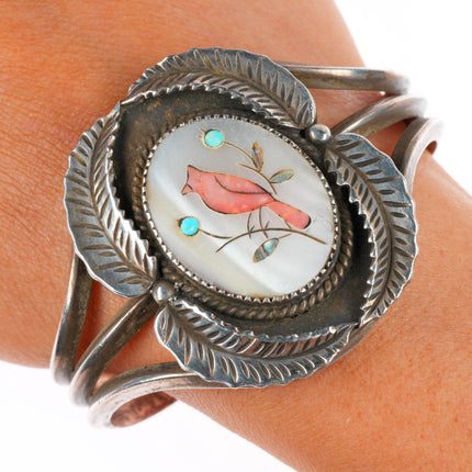 6.4" Vintage EL Navajo sterling silver redbird inlay shell cuff bracelet
