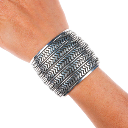 6.5" Allison Snowhawk Lee Navajo Sterling silver deep stamped wide cuff bracelet