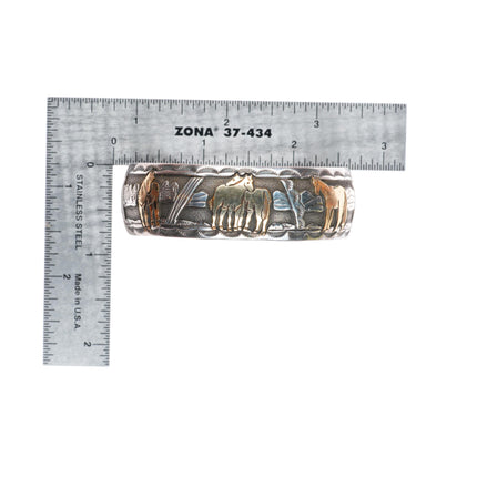 6.25" R Livingston Navajo sterling silver gold overlay horses cuff bracelet