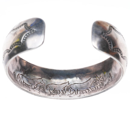 6.25" R Livingston Navajo sterling silver gold overlay horses cuff bracelet