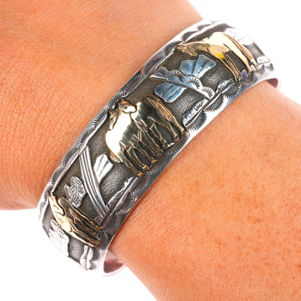 6.25" R Livingston Navajo sterling silver gold overlay horses cuff bracelet