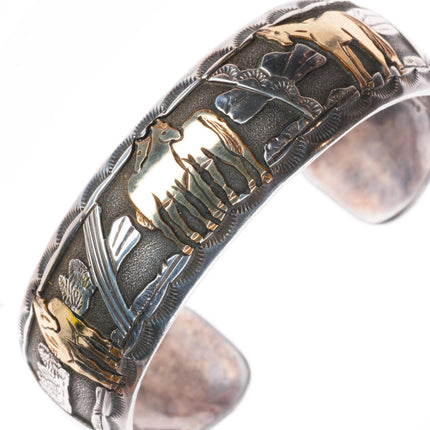 6.25" R Livingston Navajo sterling silver gold overlay horses cuff bracelet