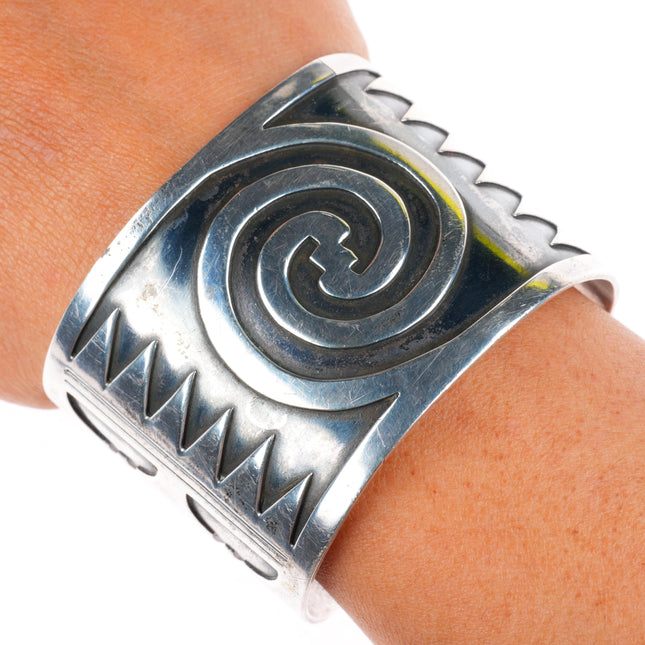 6.6" 1950's Wallie Sekayumptewa Hopi overlay wide sterling silver cuff bracelet