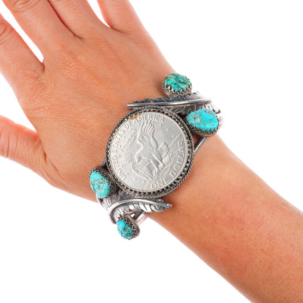 7.25" Vintage Navajo sterling silver turquoise dollar cuff bracelet
