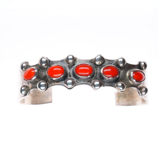 6.5" Vintage Navajo sterling silver coral row cuff bracelet w/stamped sides
