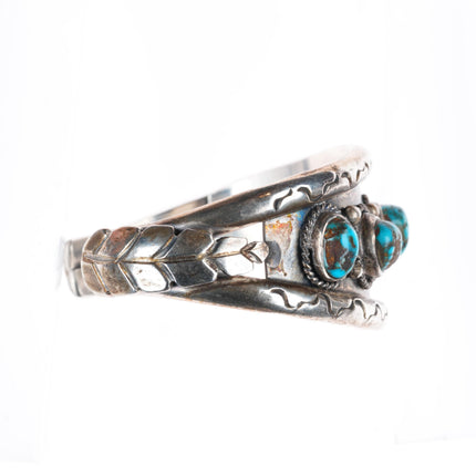 6.35" Vintage Navajo sterling silver turquoise row cuff bracelet stamped edges