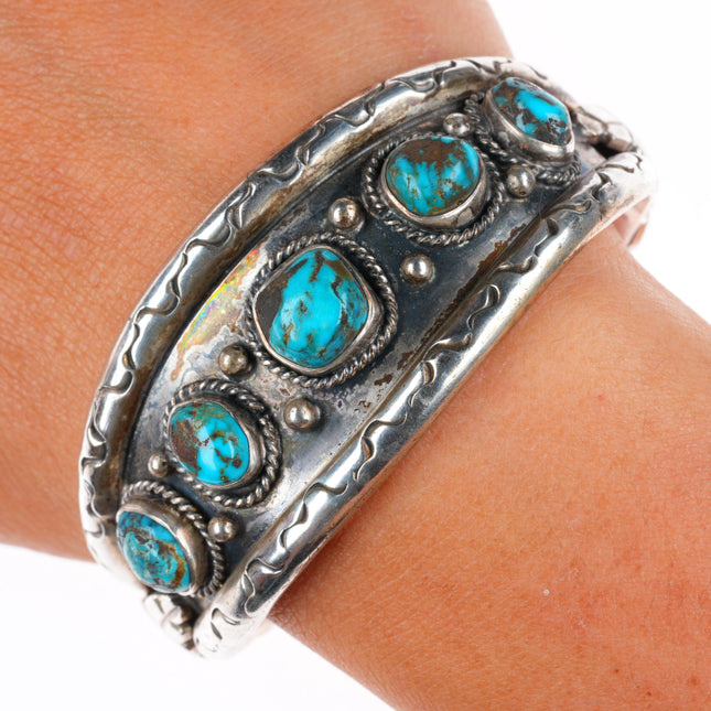 6.35" Vintage Navajo sterling silver turquoise row cuff bracelet stamped edges