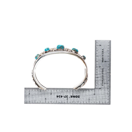 6.35" Vintage Navajo sterling silver turquoise row cuff bracelet stamped edges