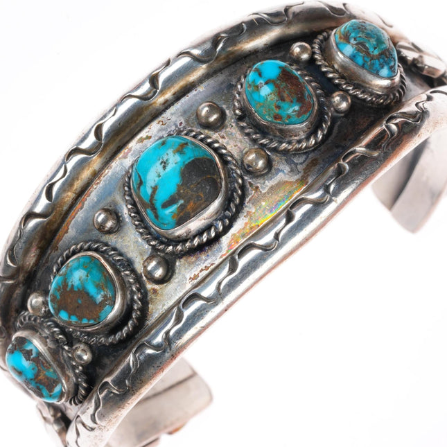 6.35" Vintage Navajo sterling silver turquoise row cuff bracelet stamped edges