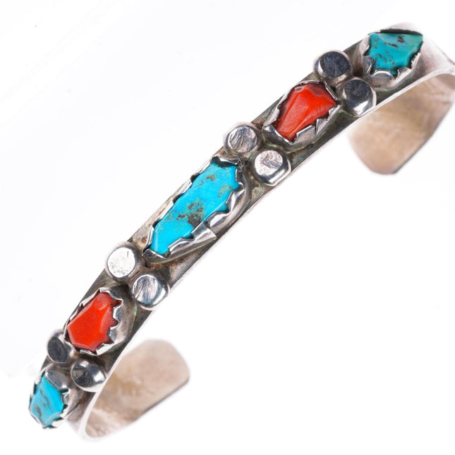 6.5" Vintage Zuni sterling silver carved turquoise/coral cuff bracelet