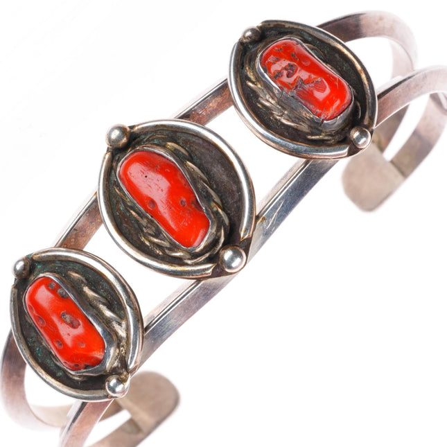 7" Vintage Navajo sterling silver coral cuff bracelet rope bezels