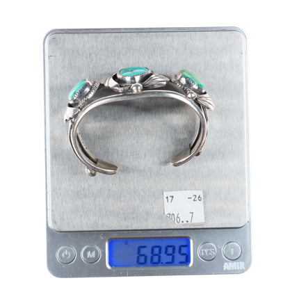6.5" Vintage Navajo sterling silver 3 stone turquoise cuff bracelet