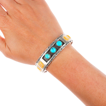 6.25" Myron Panteah Zuni sterling silver turquoise and shell cuff bracelet
